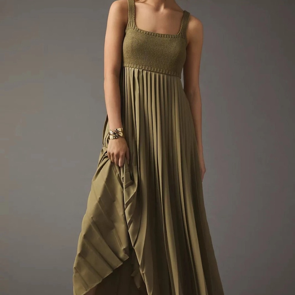 Anthropologie x Mare Mare Pleated Dark Green Maxi Dress - Size SMALL